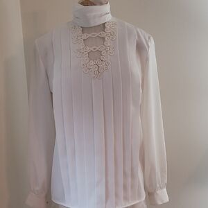 Cream Pleated Long Sleeve Blouse with Mandarin Collar